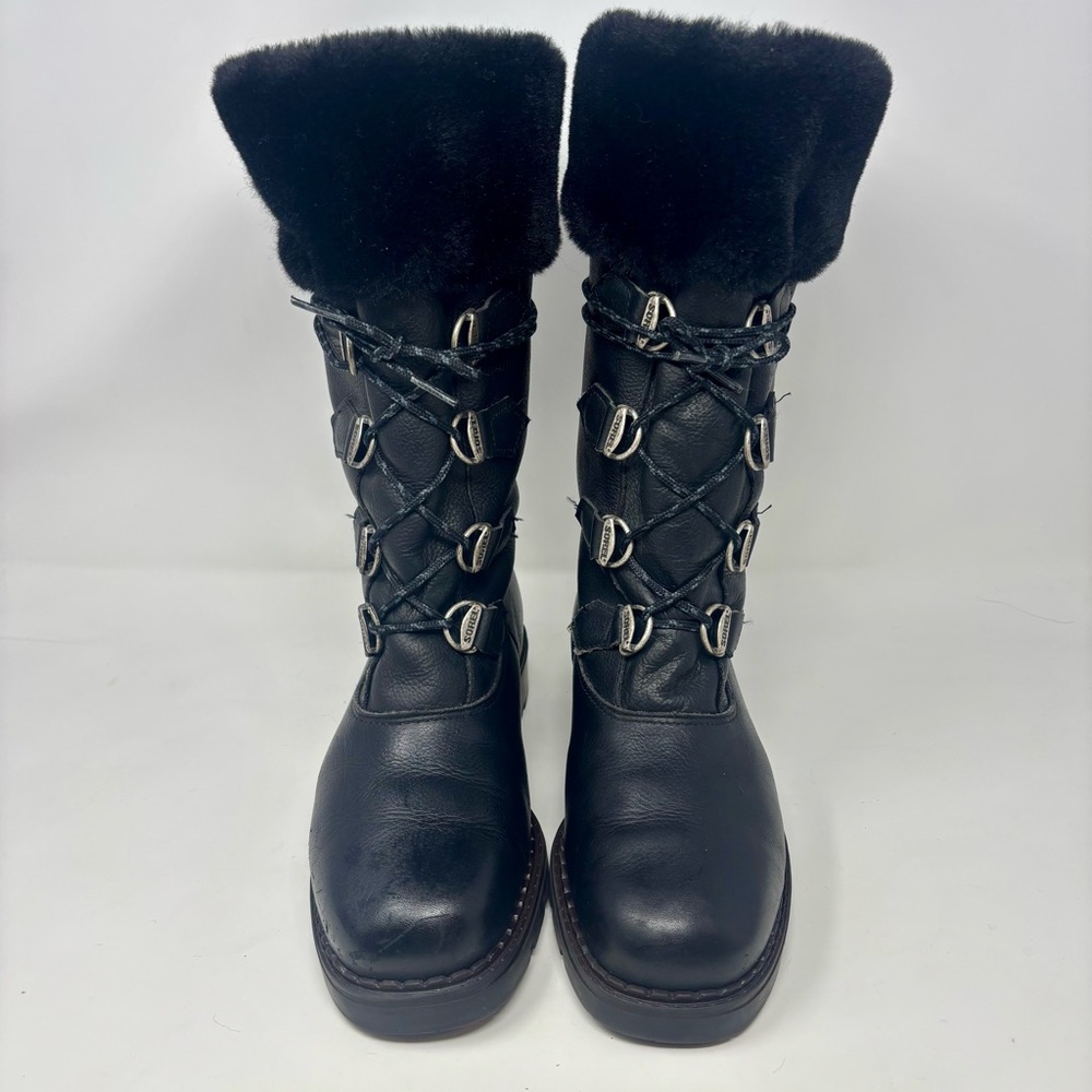 Sorel Boots Leather Lace Up Black Faux Shearling Vintage Women's 8 Chunky Heel